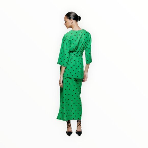 ZARA | Green | LINEN BLEND POLKA DOT KAFTAN - Picture 6 of 9